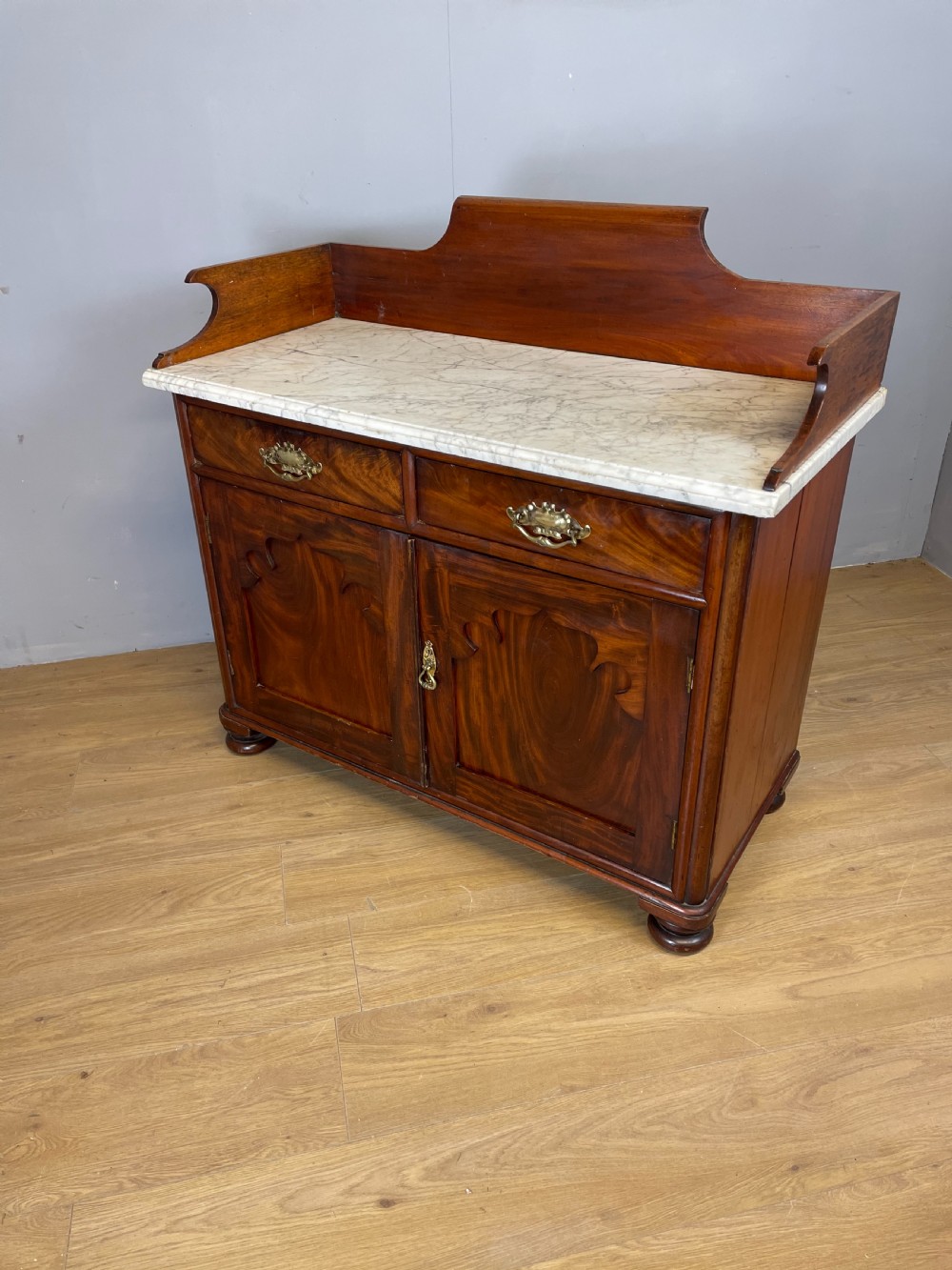 Nineteenth century Flame mahogany marble topped side cabinet  View XII