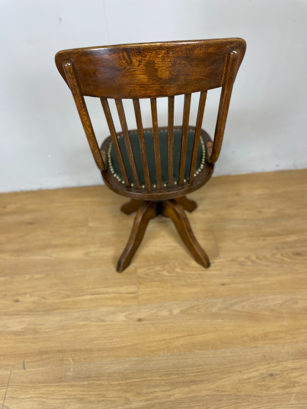 Nineteenth century solid oak revolving desk chair in green leather  View IV