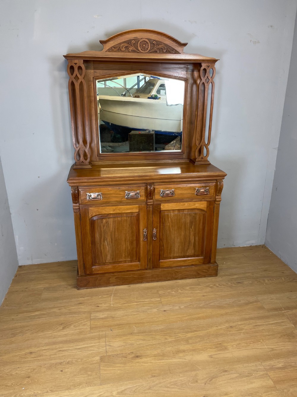 Late nineteenth century solid walnut mirror backed art nouveau sideboard  View III