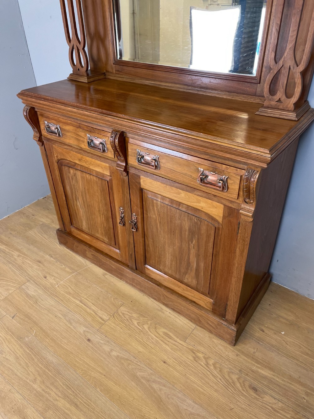 Late nineteenth century solid walnut mirror backed art nouveau sideboard  View V