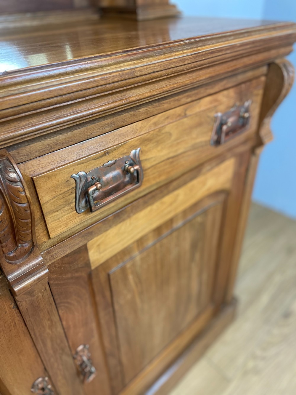 Late nineteenth century solid walnut mirror backed art nouveau sideboard  View VIII