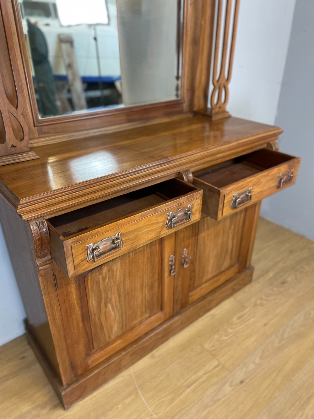 Late nineteenth century solid walnut mirror backed art nouveau sideboard  View IX