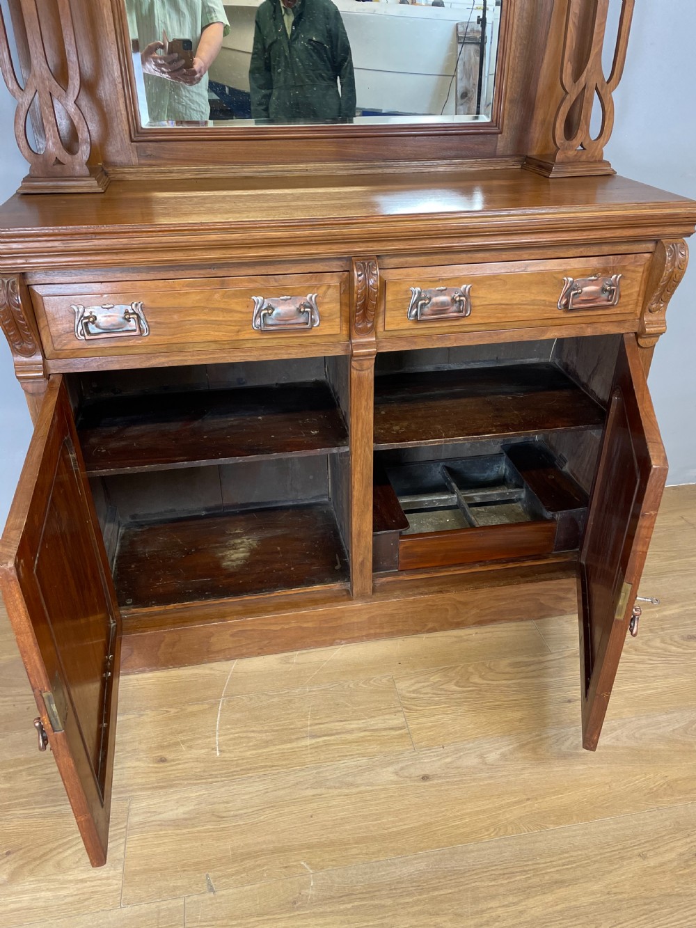 Late nineteenth century solid walnut mirror backed art nouveau sideboard  View X