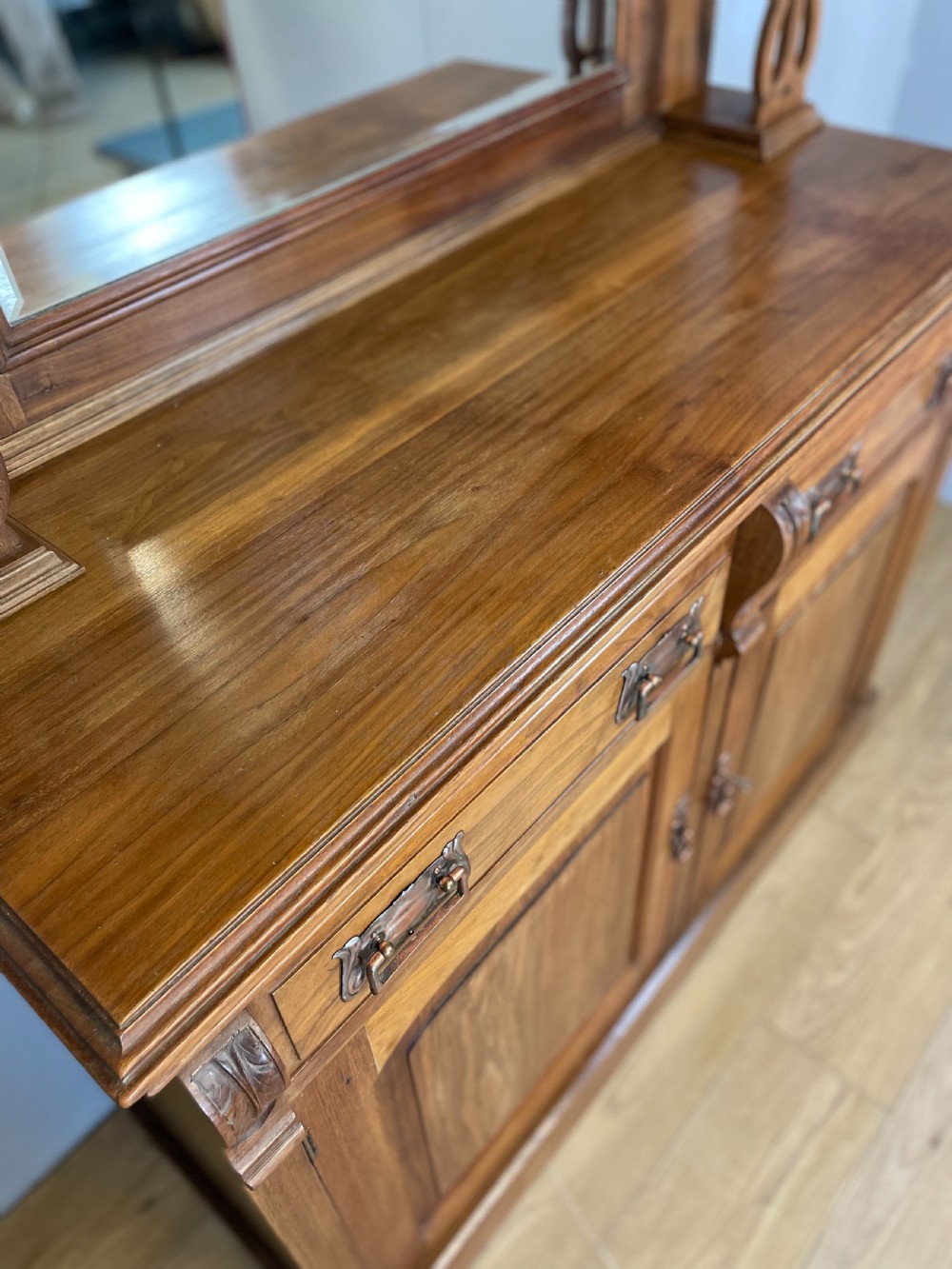 Late nineteenth century solid walnut mirror backed art nouveau sideboard  View XII