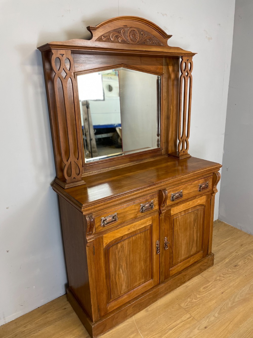 Late nineteenth century solid walnut mirror backed art nouveau sideboard  View XV