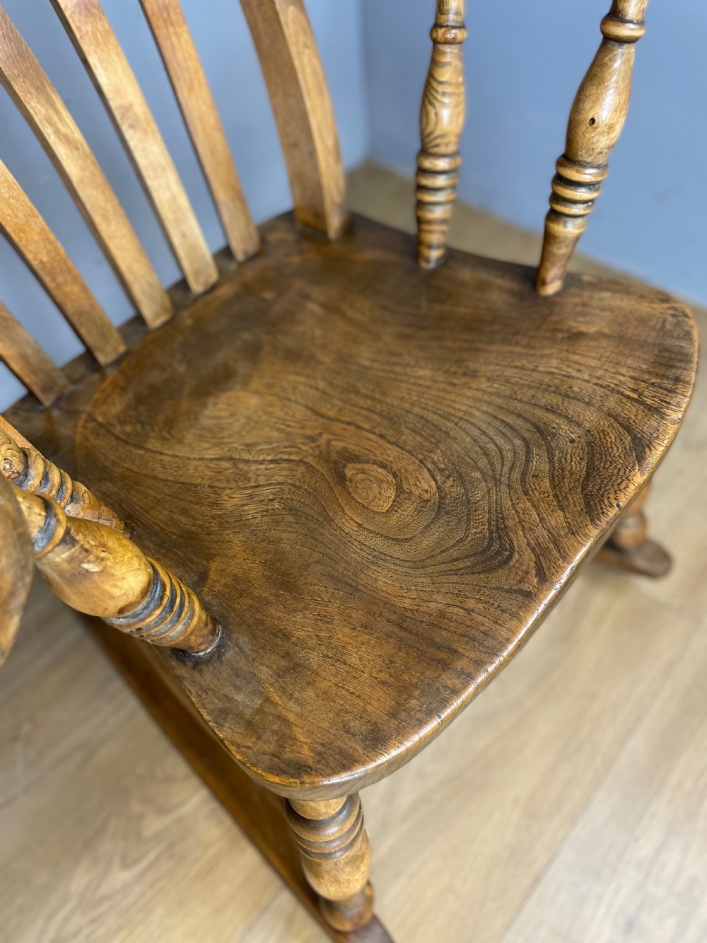 Nineteenth century slat back elm and beech farmhouse rocking chair View III