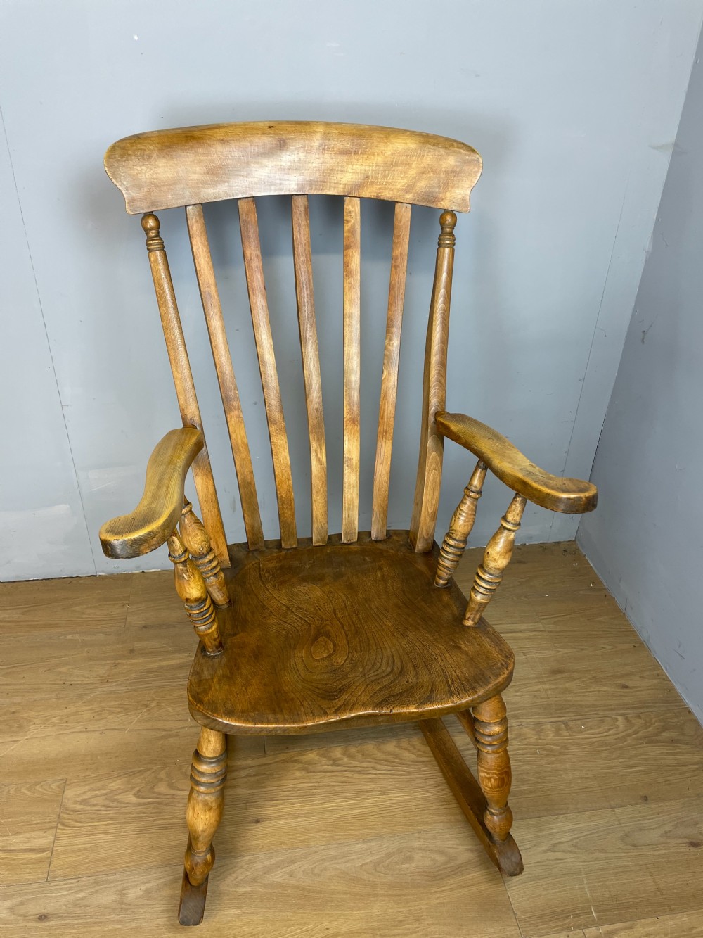 Nineteenth century slat back elm and beech farmhouse rocking chair View IV