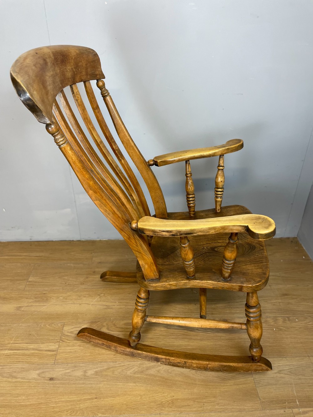 Nineteenth century slat back elm and beech farmhouse rocking chair View V