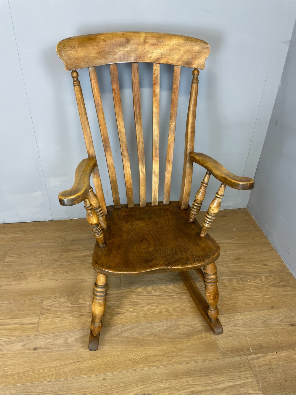 Nineteenth century slat back elm and beech farmhouse rocking chair View VI