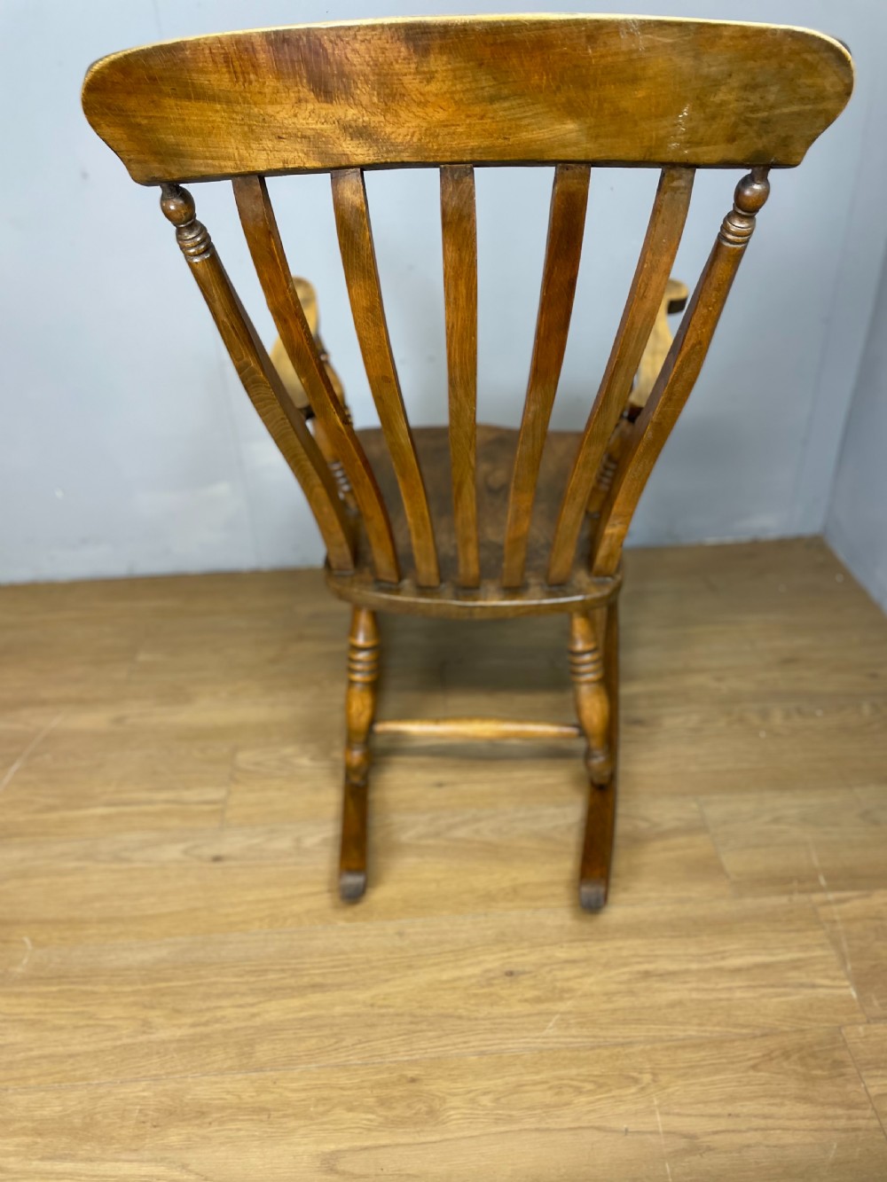 Nineteenth century slat back elm and beech farmhouse rocking chair View VII