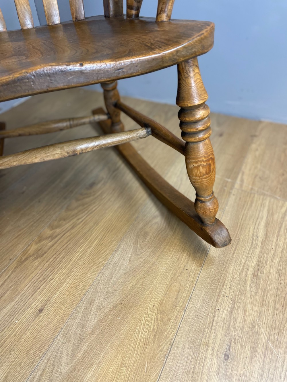 Nineteenth century slat back elm and beech farmhouse rocking chair View IX