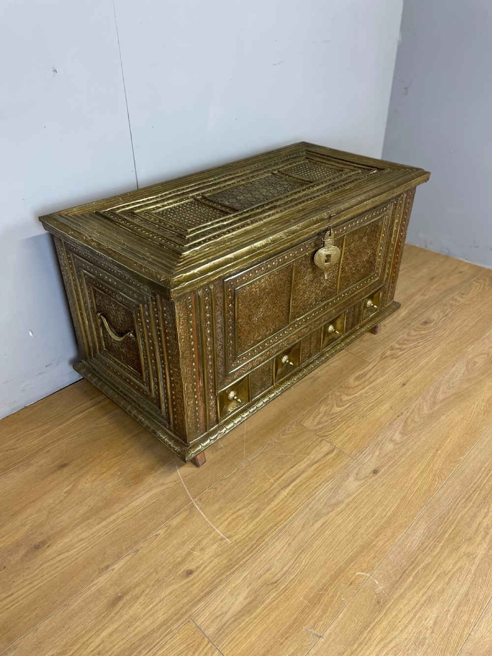 Late nineteenth century brass and teak Zanzibar chest  View II