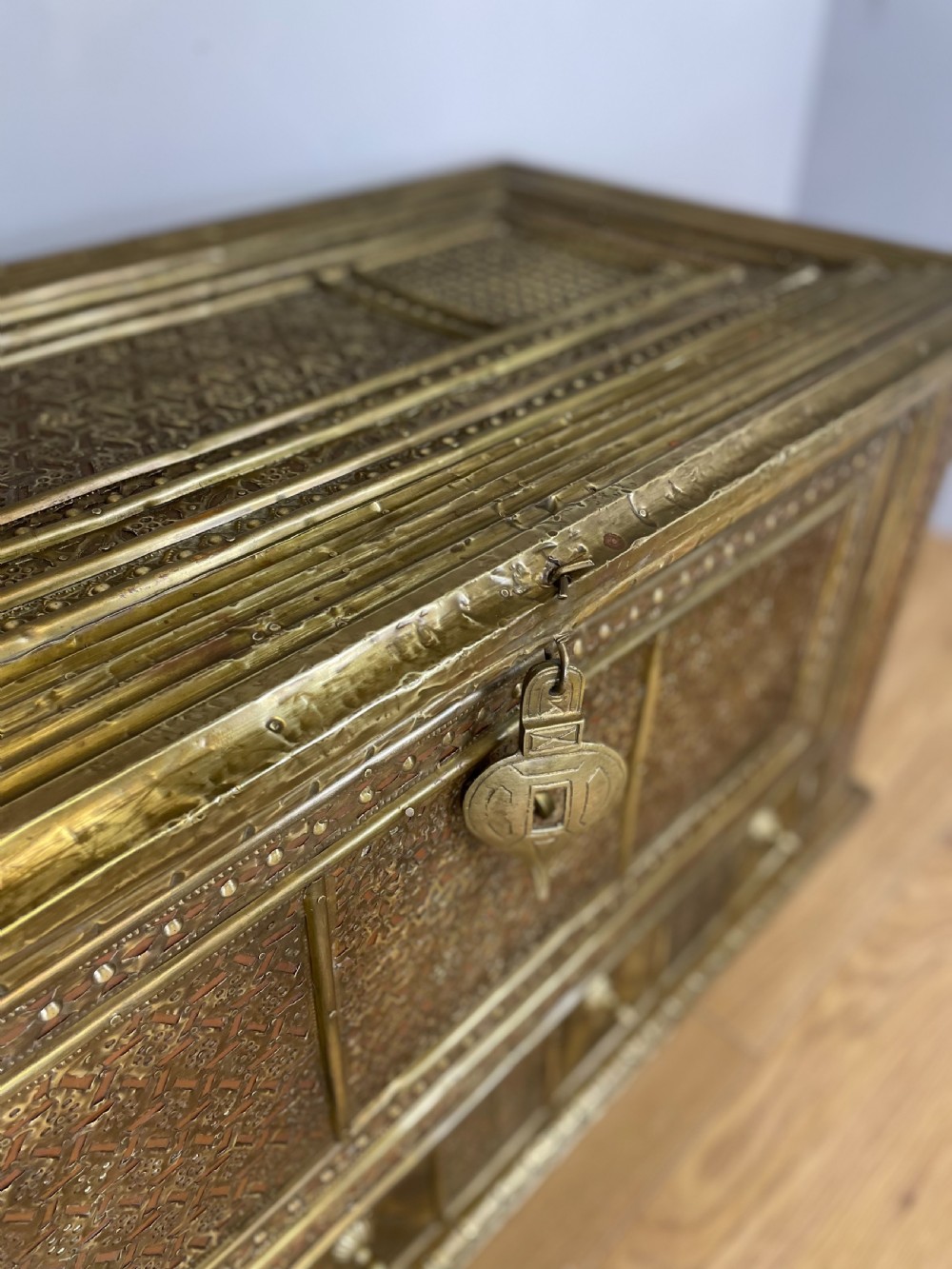 Late nineteenth century brass and teak Zanzibar chest  View III