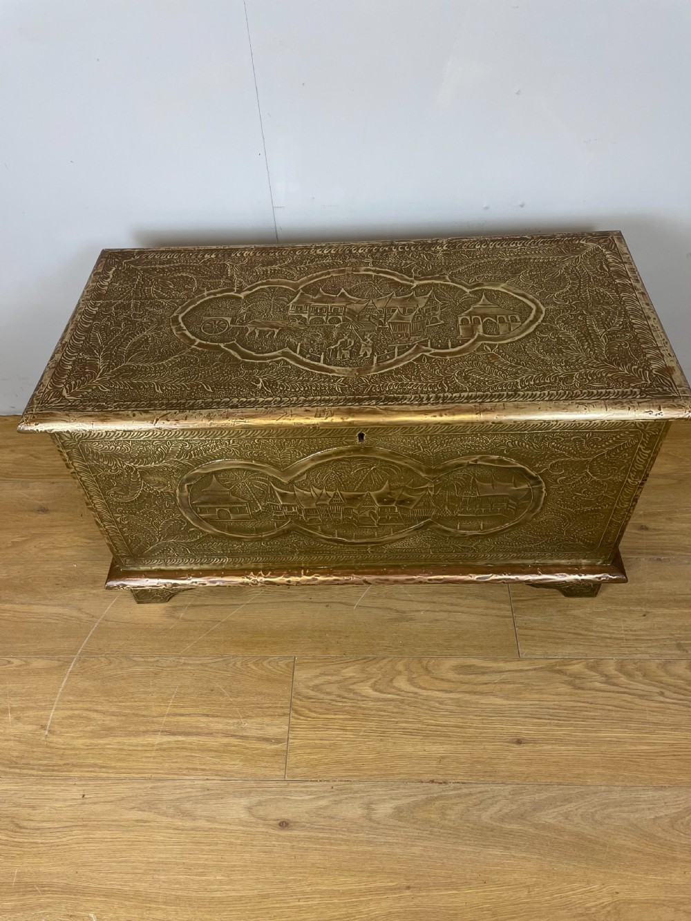 Nineteenth century oriental brass covered teak chest View II