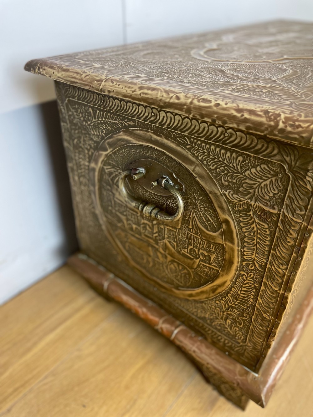 Nineteenth century oriental brass covered teak chest View III