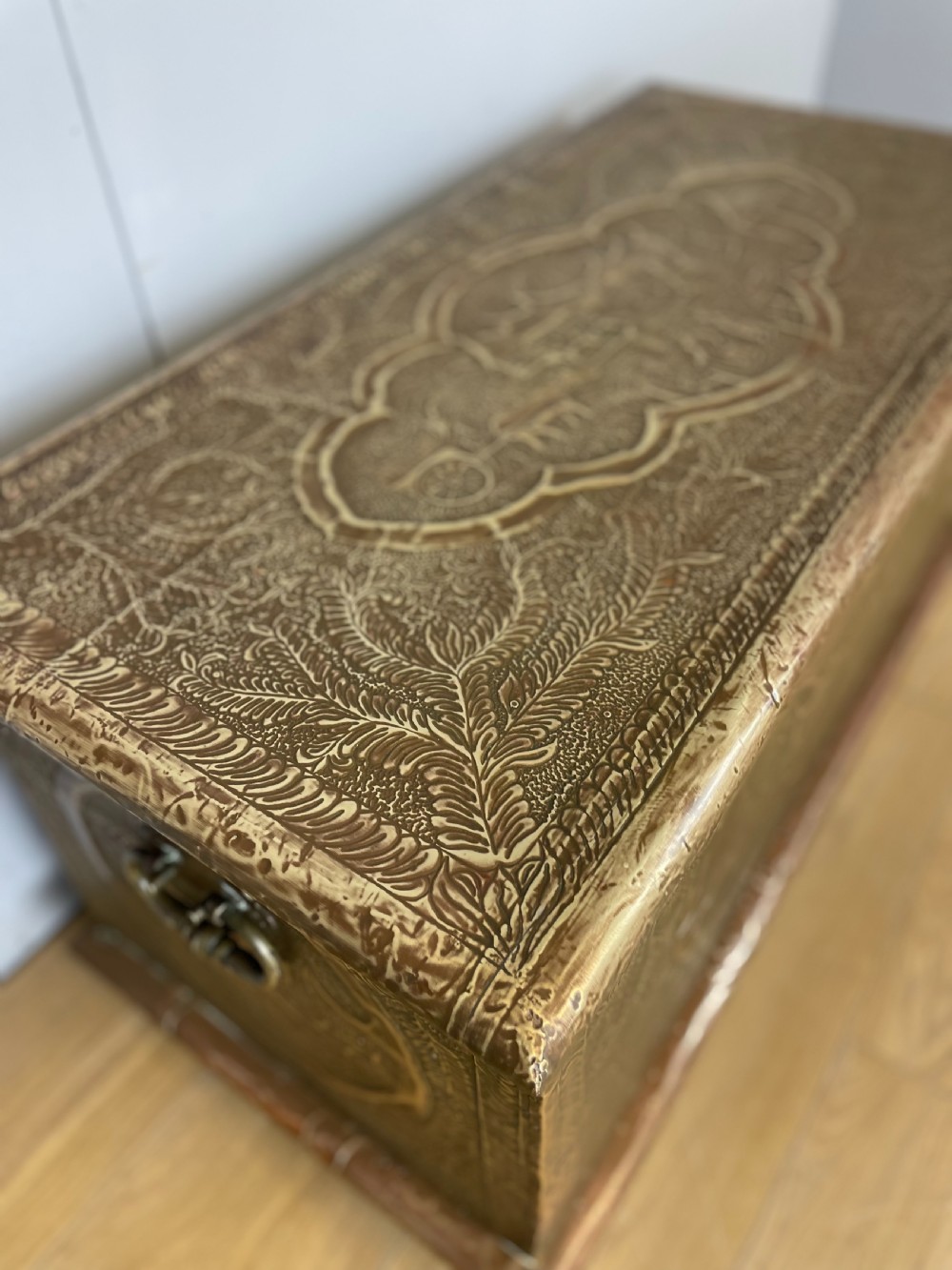 Nineteenth century oriental brass covered teak chest View V