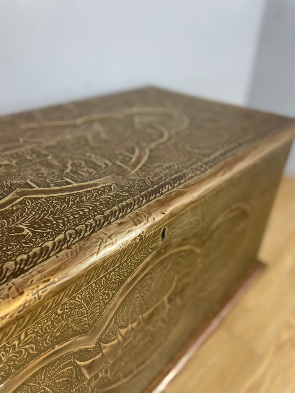 Nineteenth century oriental brass covered teak chest View VI