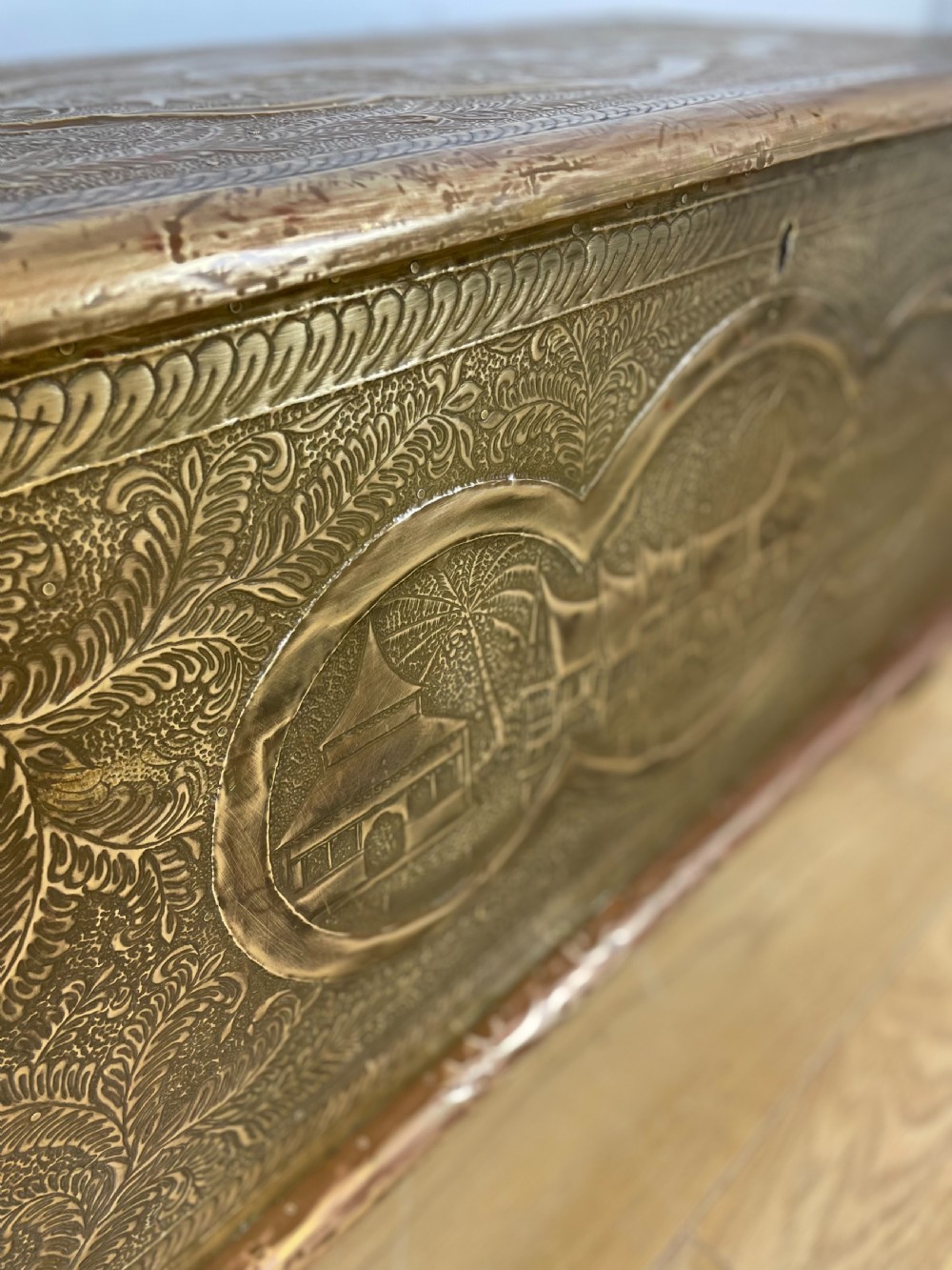 Nineteenth century oriental brass covered teak chest View VII