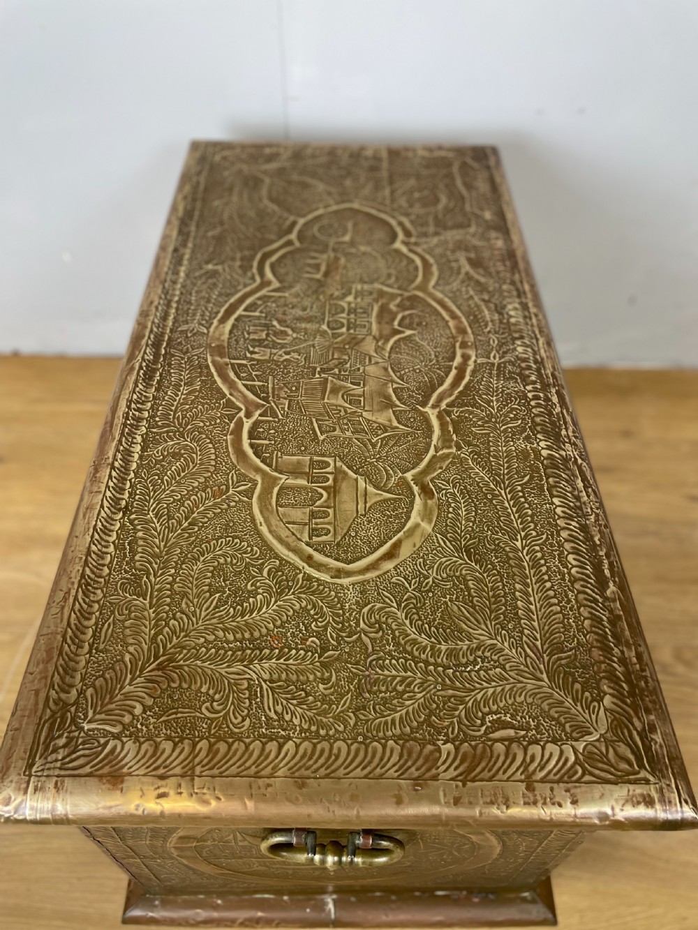 Nineteenth century oriental brass covered teak chest View X