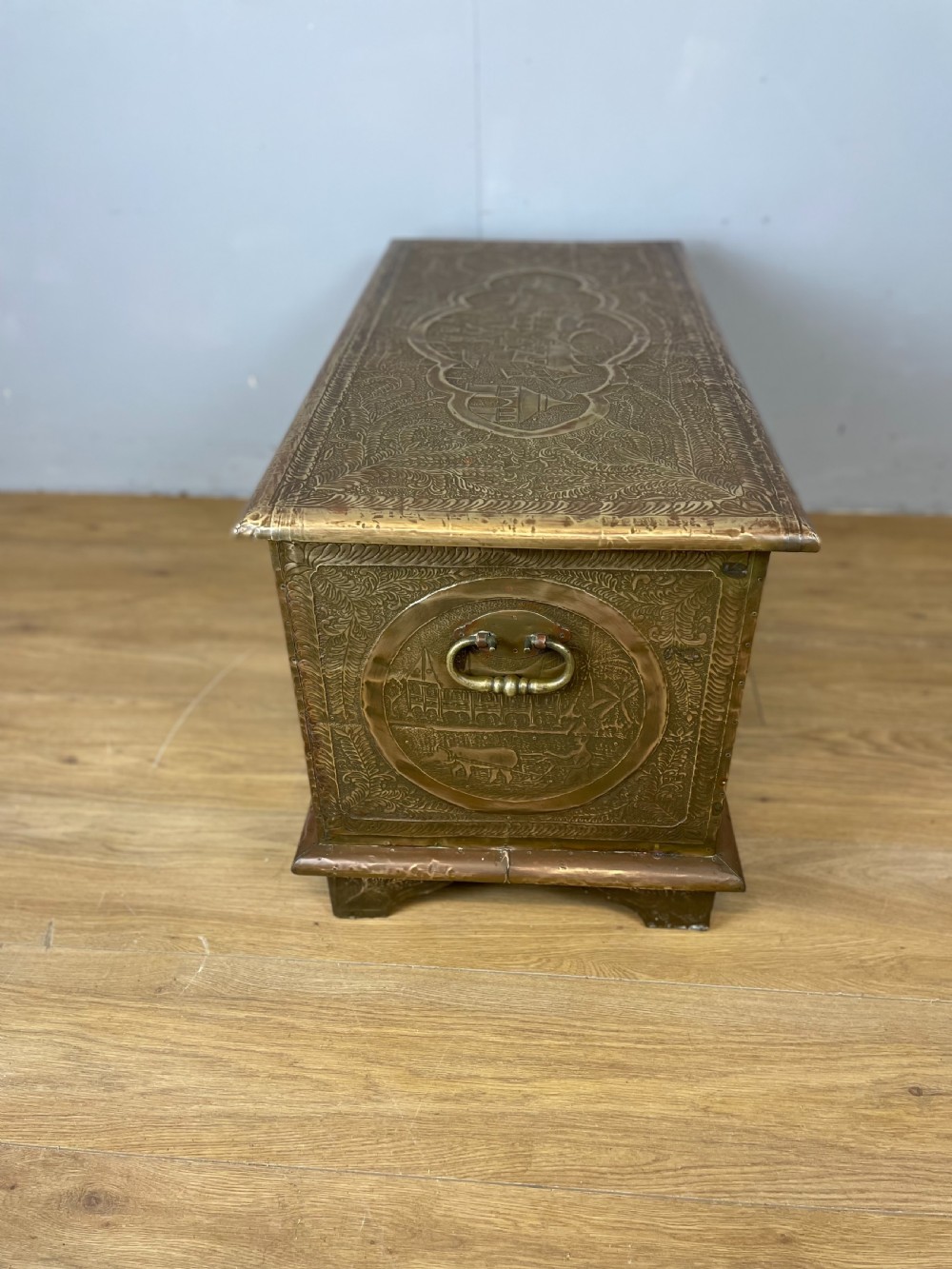 Nineteenth century oriental brass covered teak chest View XII