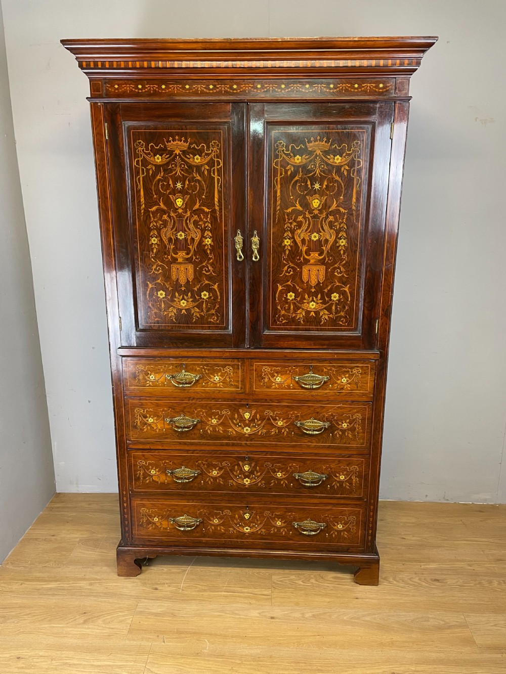 Nineteenth century inlaid rosewood clothes press View II