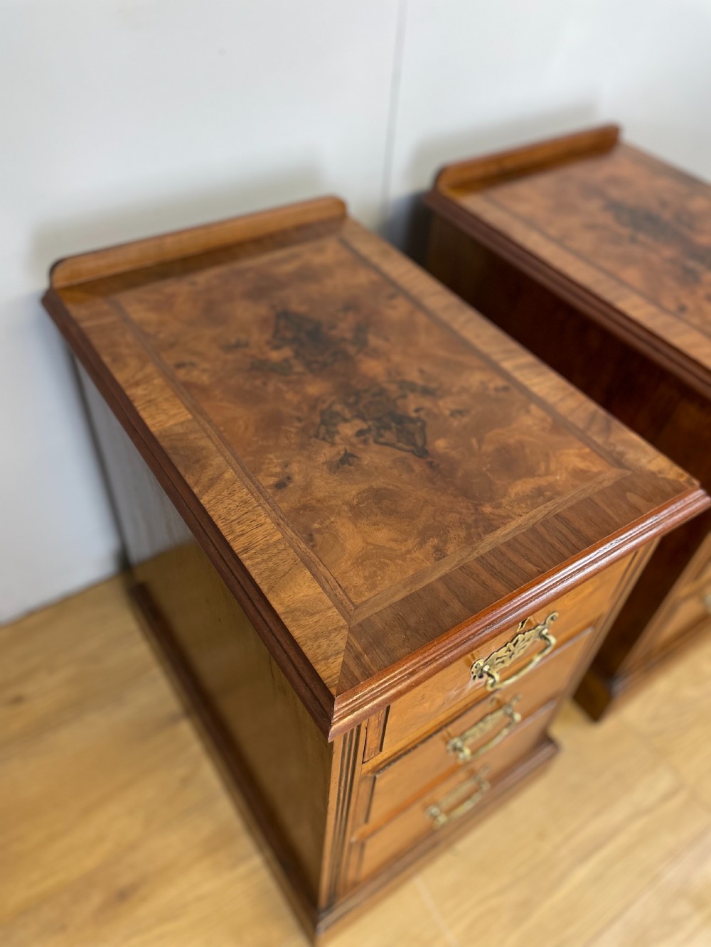 Pair of burr walnut late nineteenth century bedside cabinets  View II