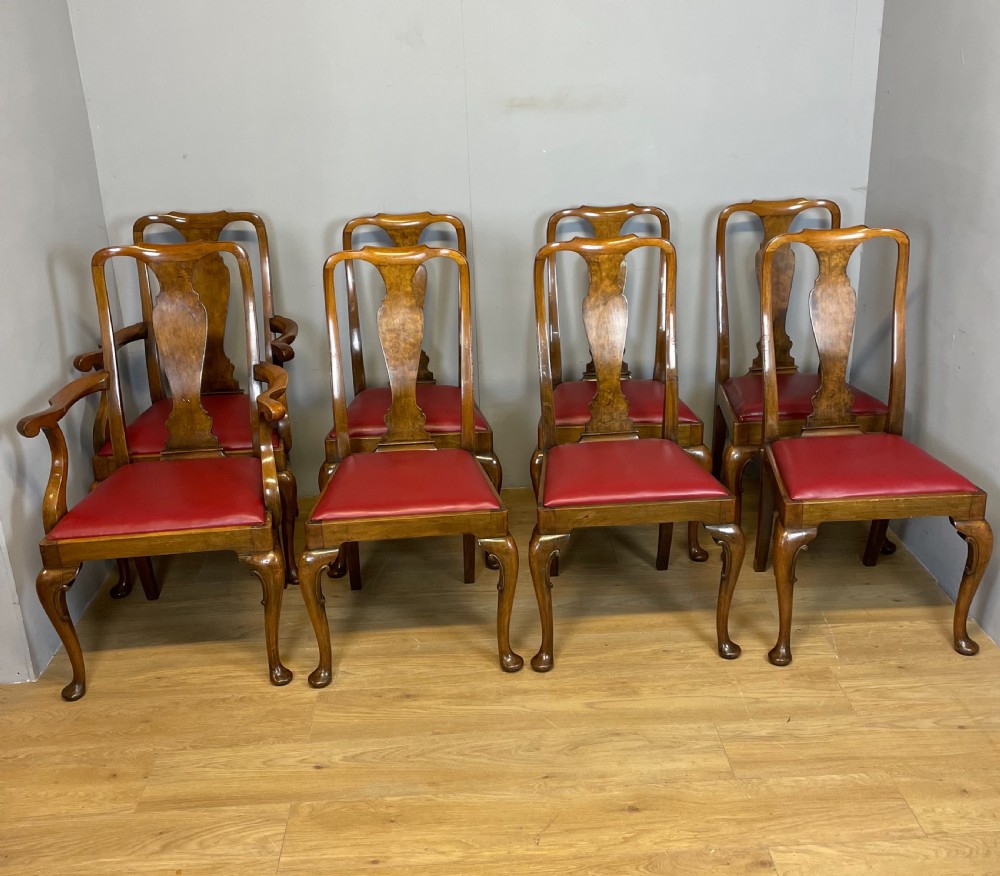 Set of eight burr walnut Queen Anne style dining chairs by Maple and Co 