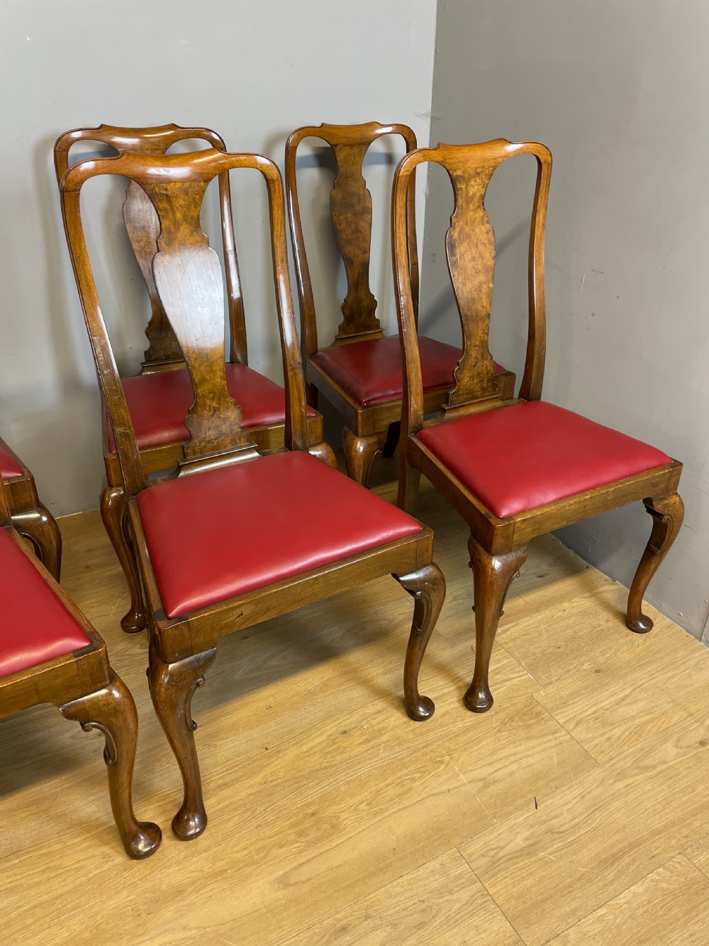 Set of eight burr walnut Queen Anne style dining chairs by Maple and Co  View II