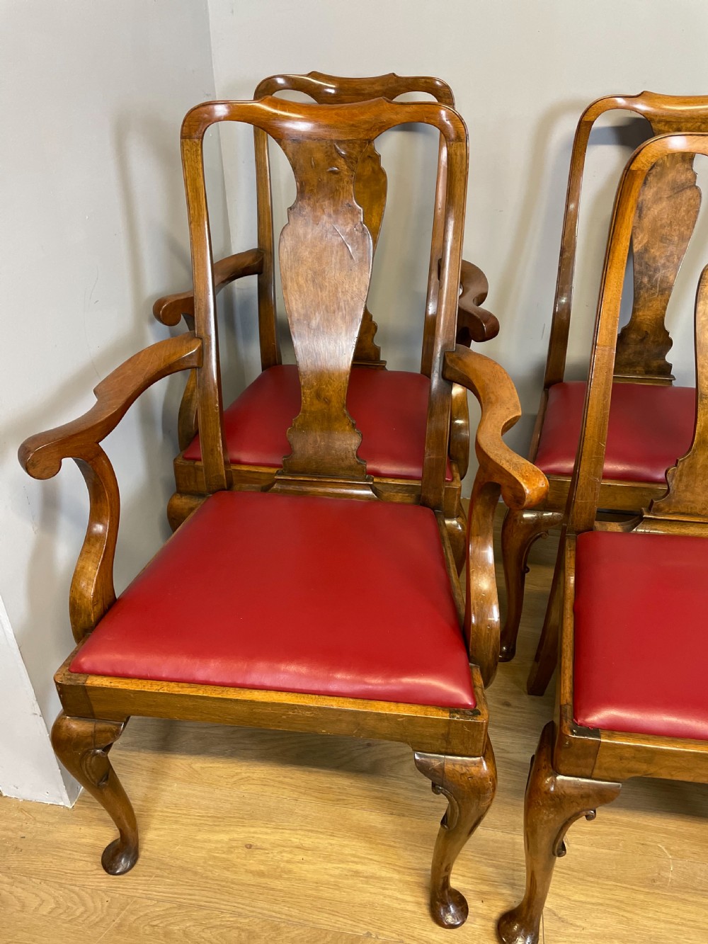 Set of eight burr walnut Queen Anne style dining chairs by Maple and Co  View III