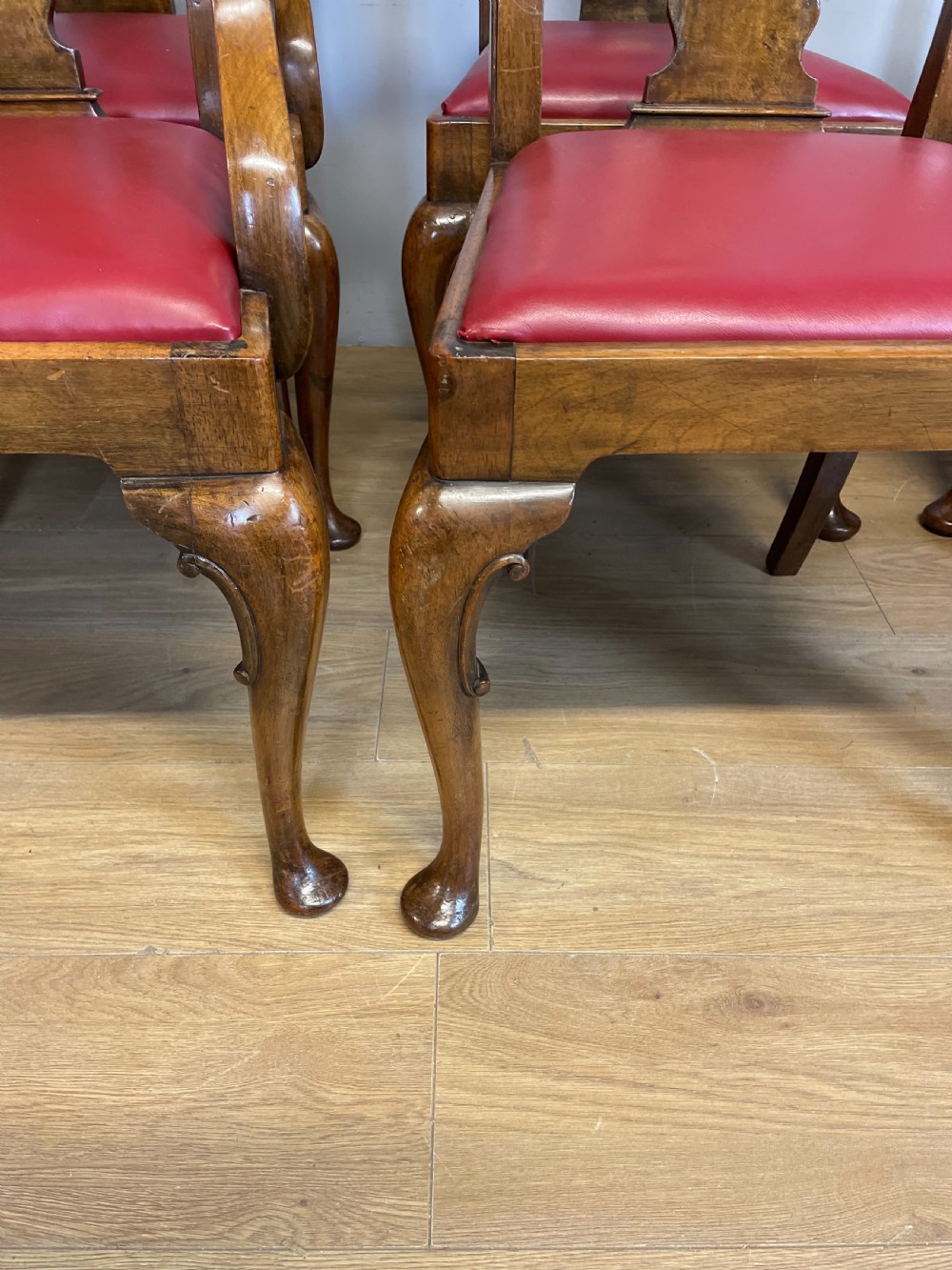 Set of eight burr walnut Queen Anne style dining chairs by Maple and Co  View IV