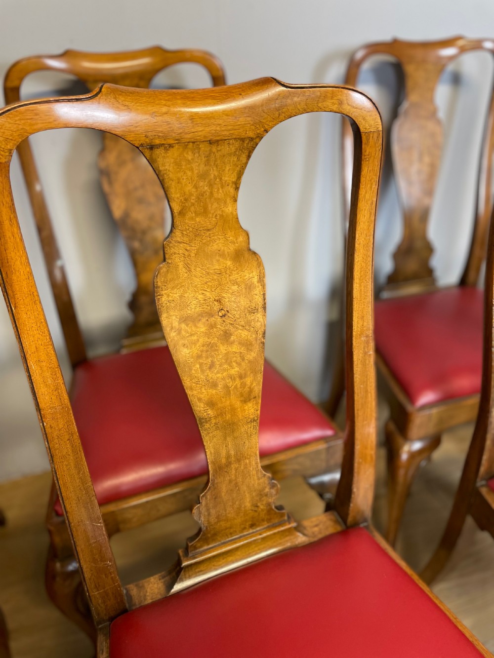 Set of eight burr walnut Queen Anne style dining chairs by Maple and Co  View V