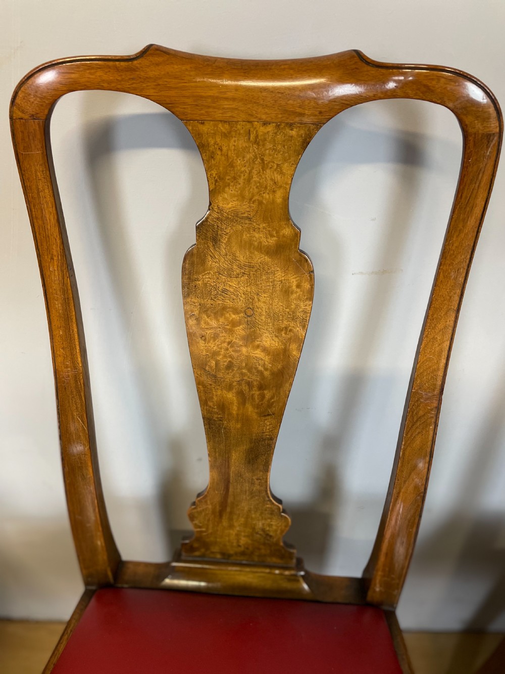 Set of eight burr walnut Queen Anne style dining chairs by Maple and Co  View VIII