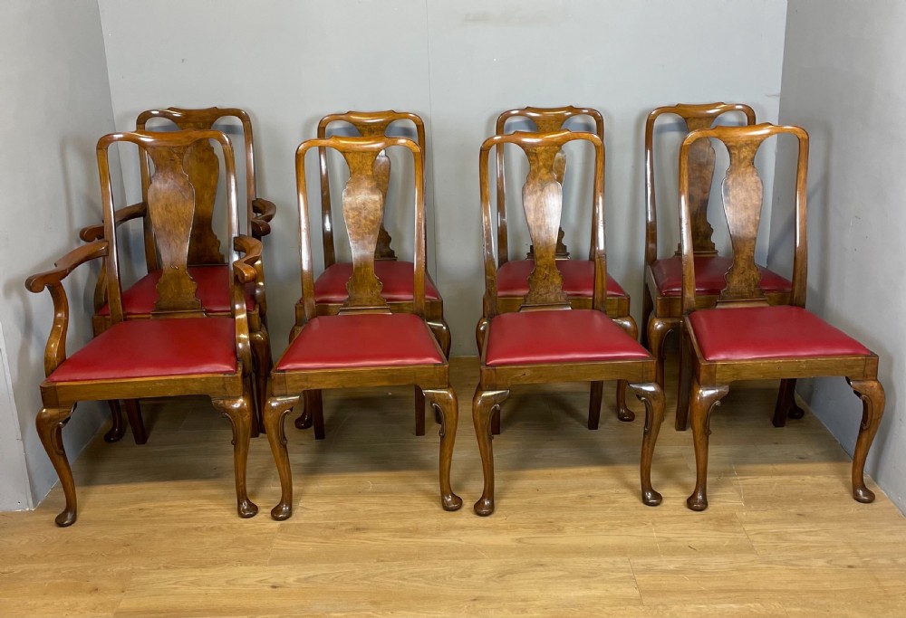 Set of eight burr walnut Queen Anne style dining chairs by Maple and Co  View X
