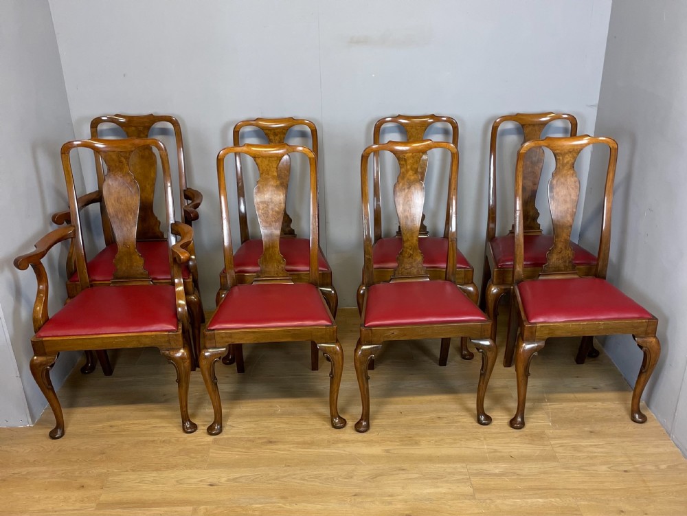 Set of eight burr walnut Queen Anne style dining chairs by Maple and Co  View XI