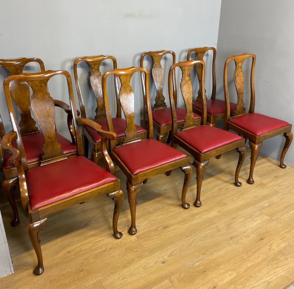 Set of eight burr walnut Queen Anne style dining chairs by Maple and Co  View XII
