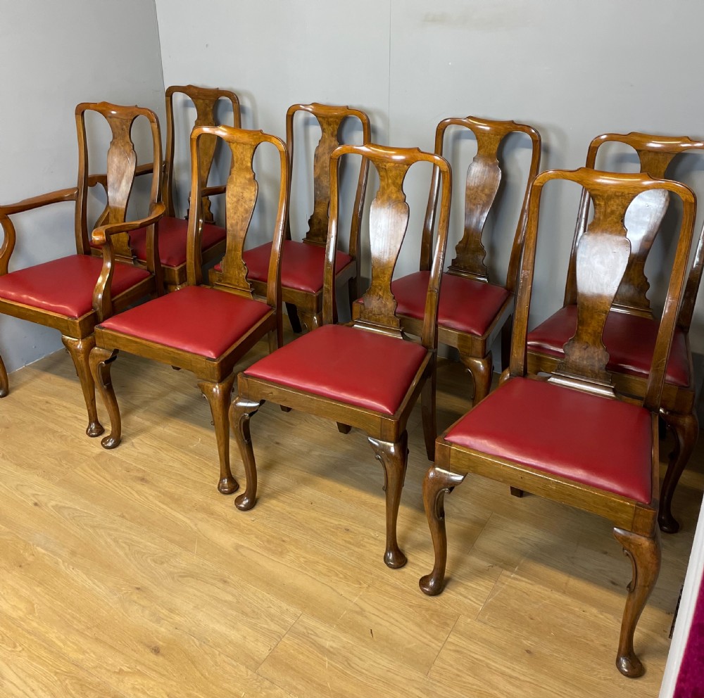 Set of eight burr walnut Queen Anne style dining chairs by Maple and Co  View XIII
