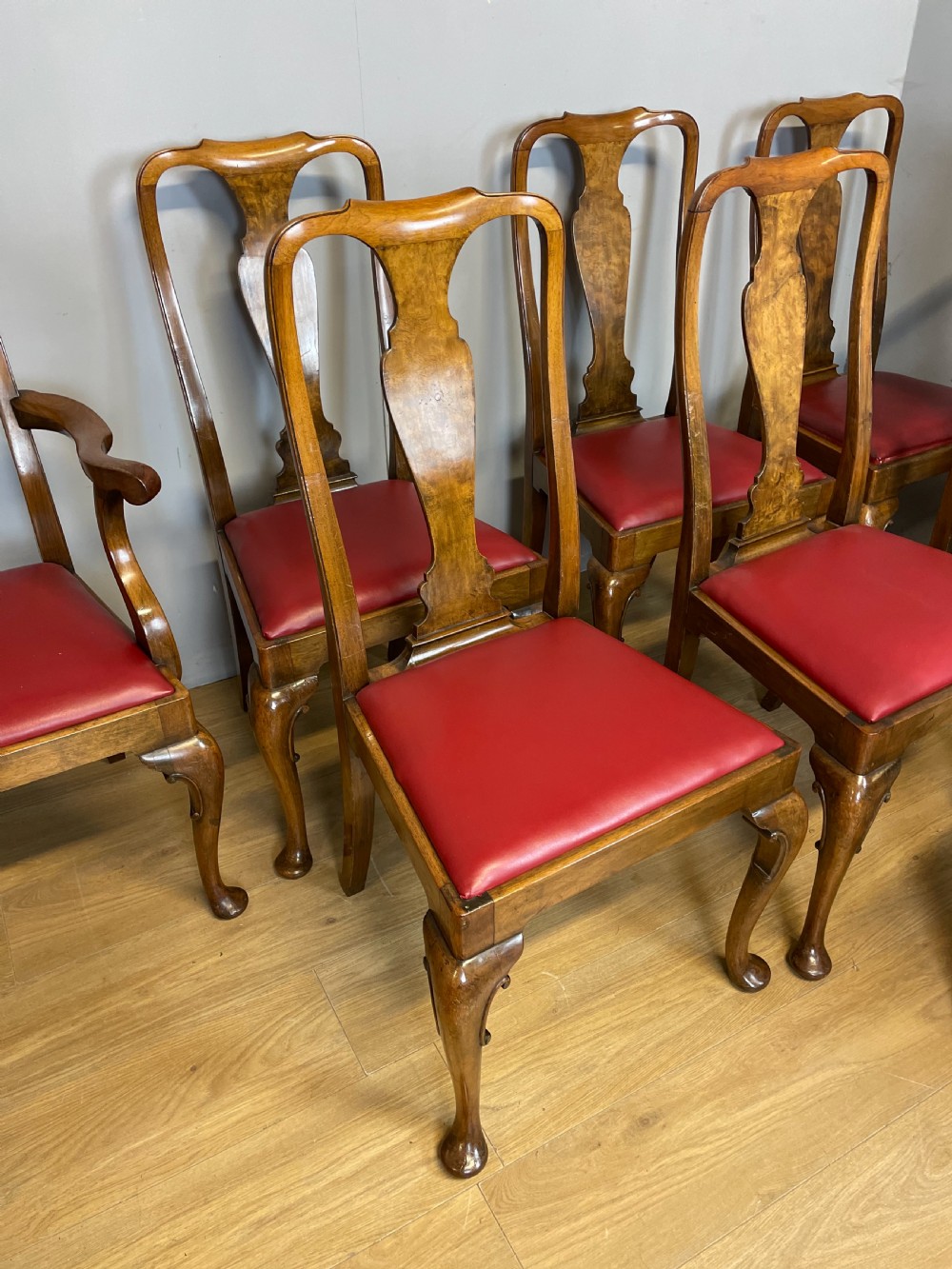 Set of eight burr walnut Queen Anne style dining chairs by Maple and Co  View XIV