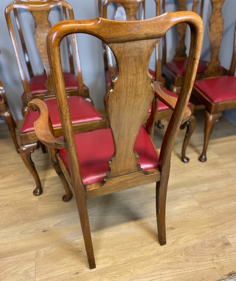 Set of eight burr walnut Queen Anne style dining chairs by Maple and Co  View XV