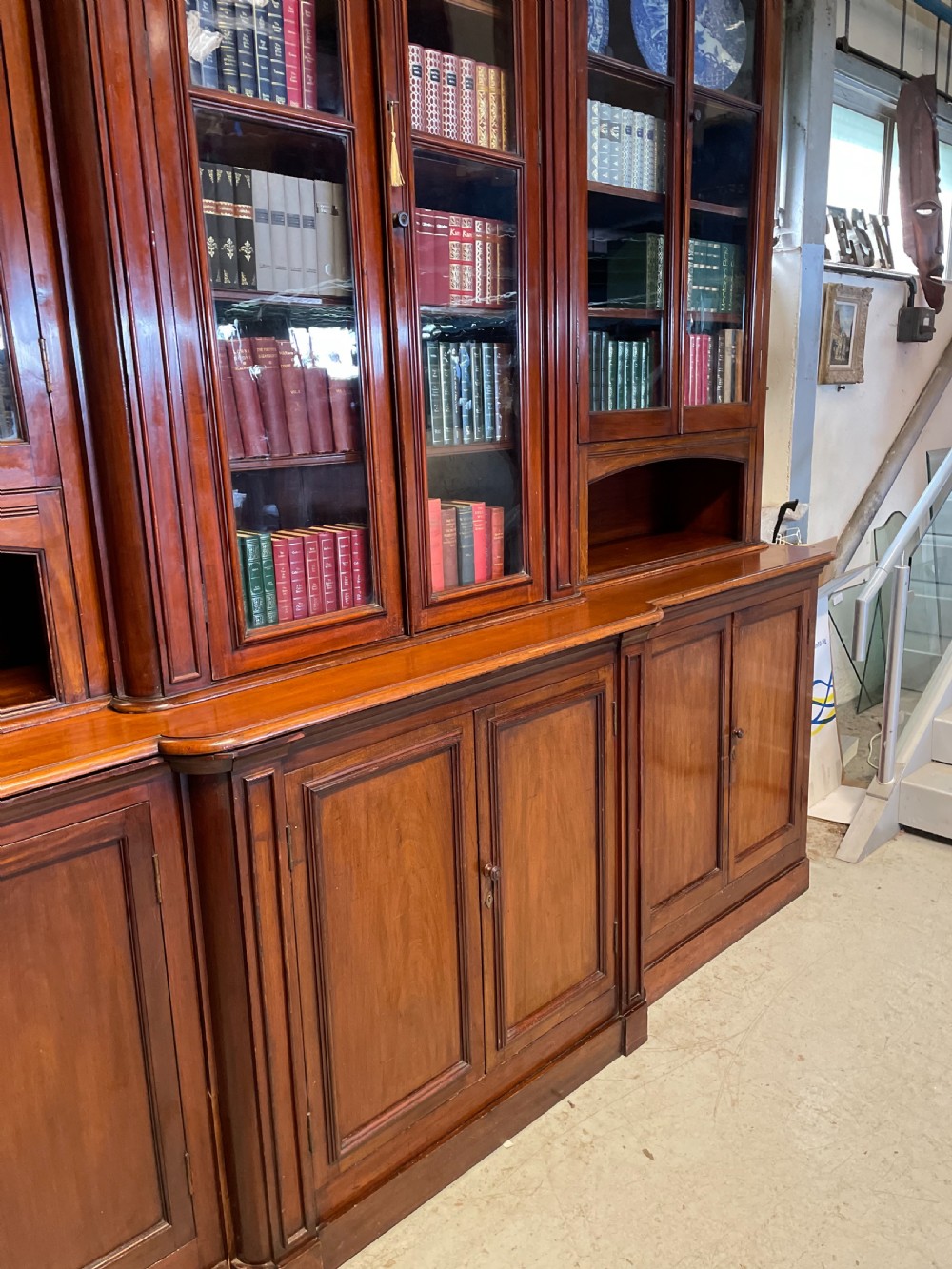 Large country house mahogany breakfront bookcase by Richardson of Leeds  View XV
