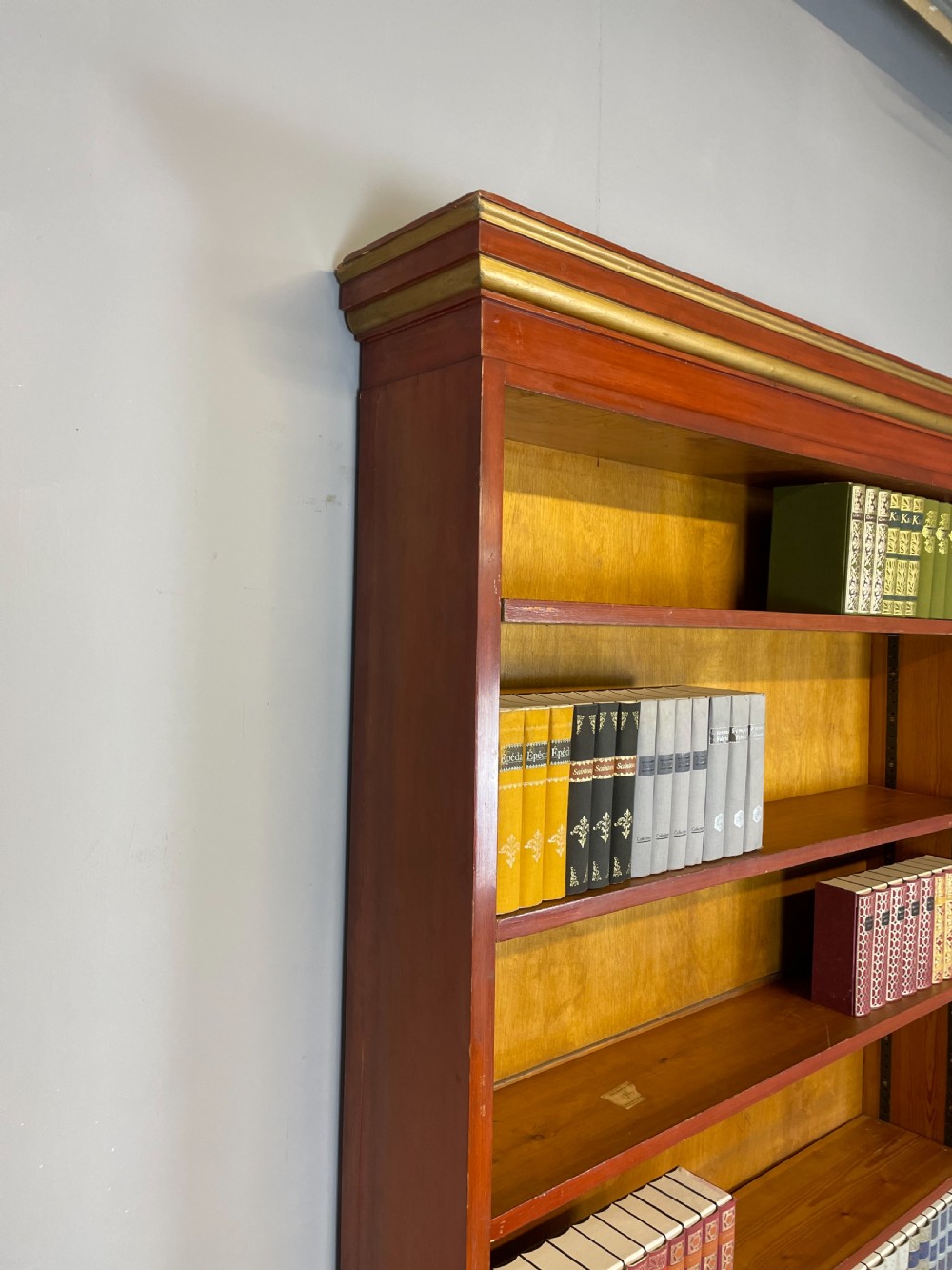 Large freestanding pine and gilt adjustable bookcase View V