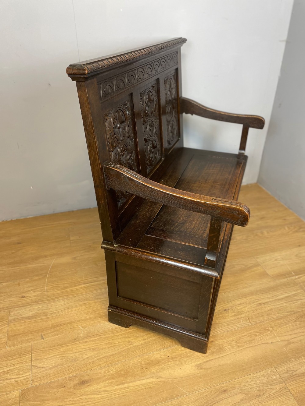 Nineteenth century carved oak settle View VII