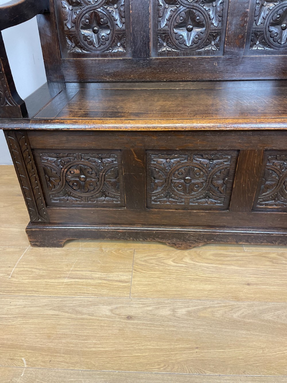 Nineteenth century carved oak settle View X