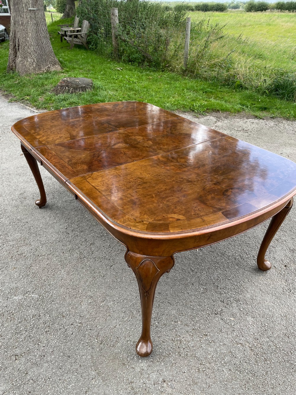 Burr walnut extending dining table by Maple and Co 