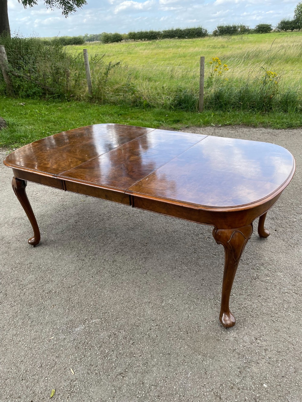 Burr walnut extending dining table by Maple and Co  View II