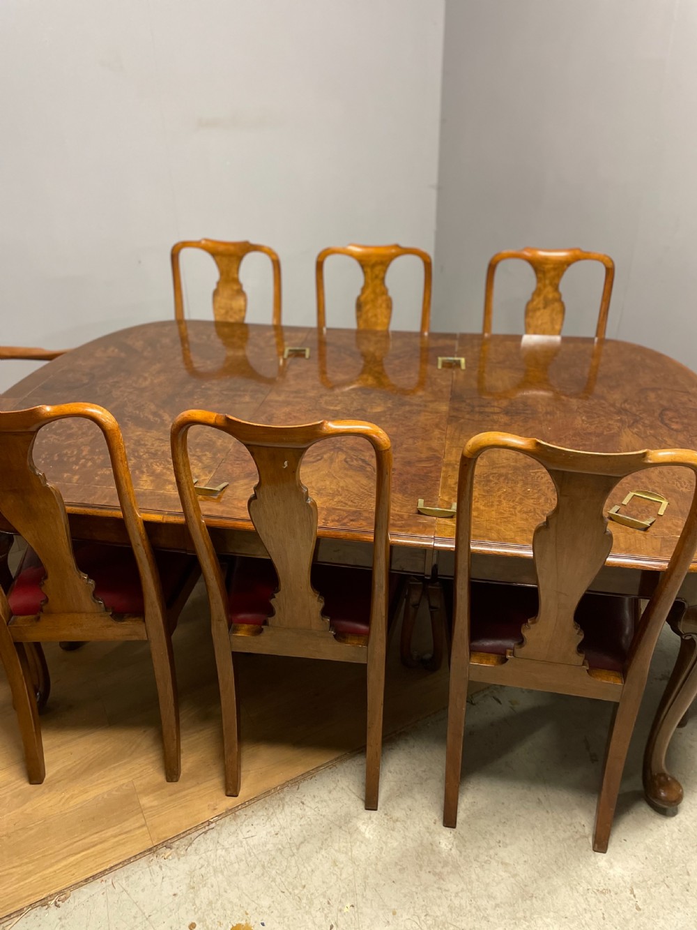 Burr walnut extending dining table by Maple and Co  View XX