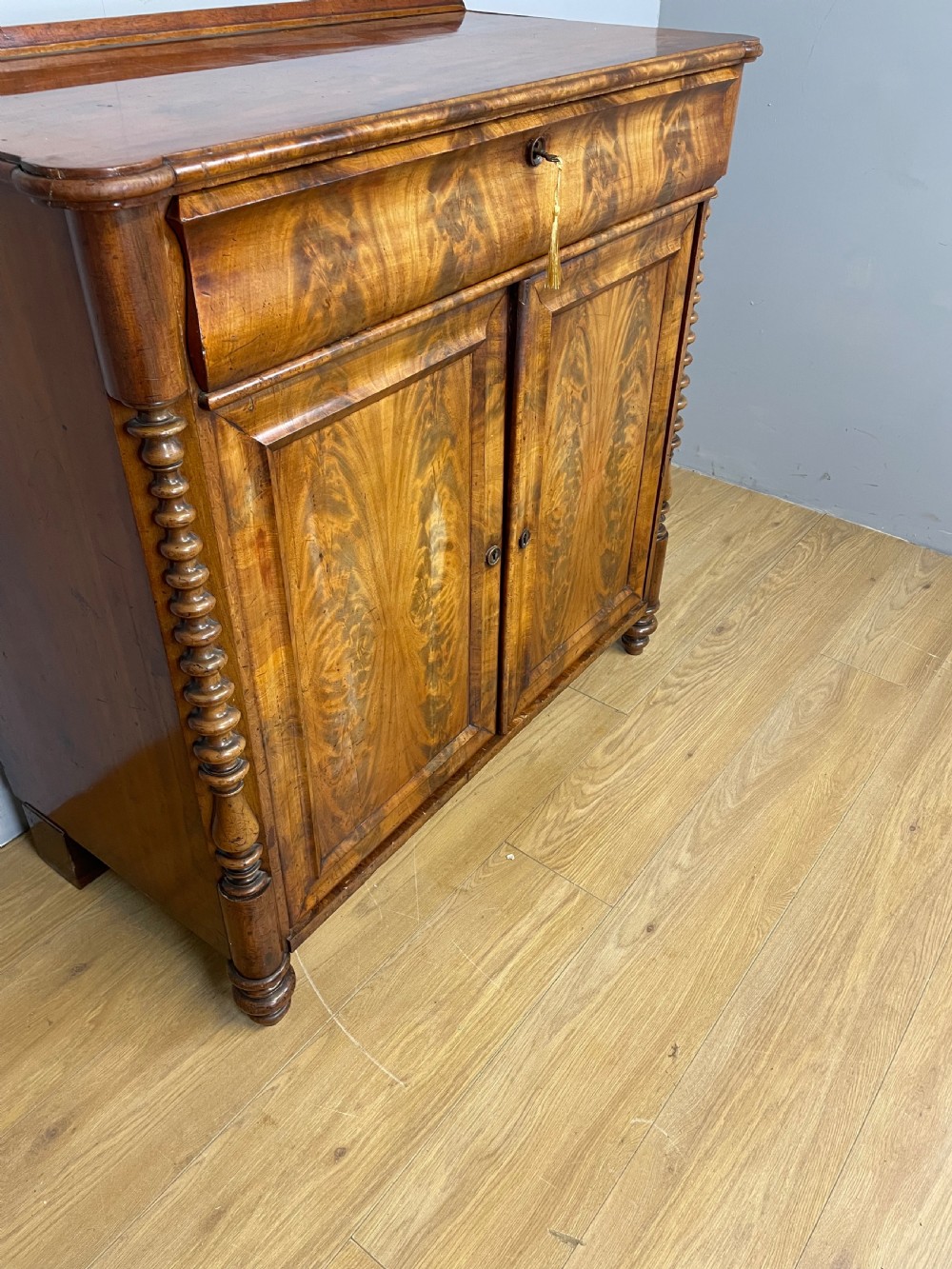 Nineteenth century Biedermeier flame mahogany side cabinet  View V
