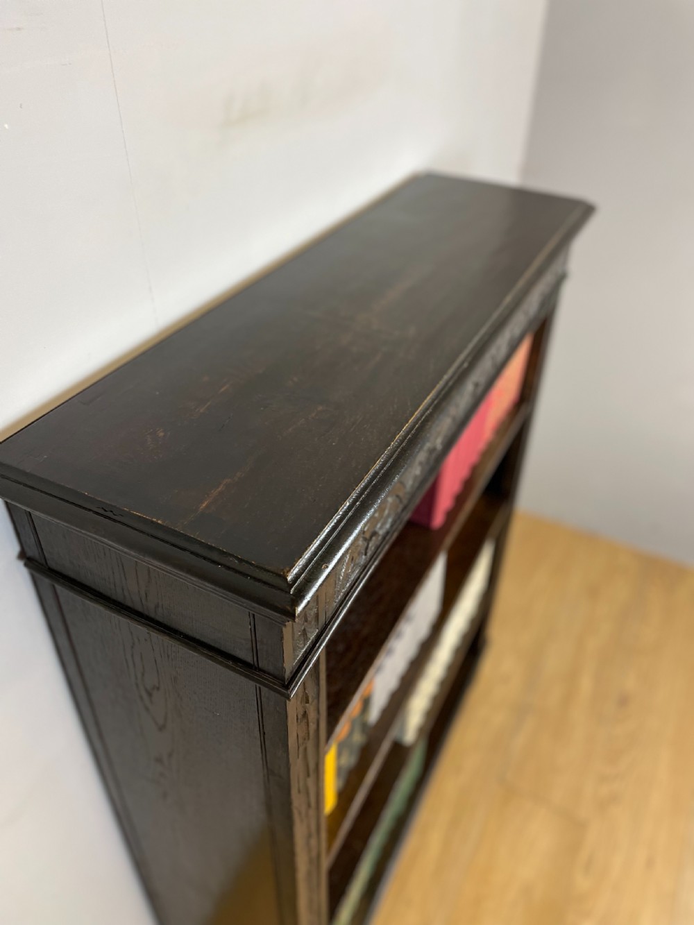 Edwardian carved oak open bookshelves  View III