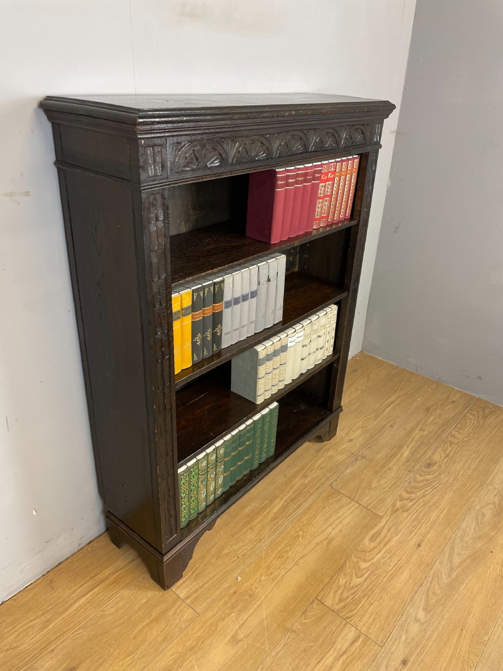 Edwardian carved oak open bookshelves  View IV