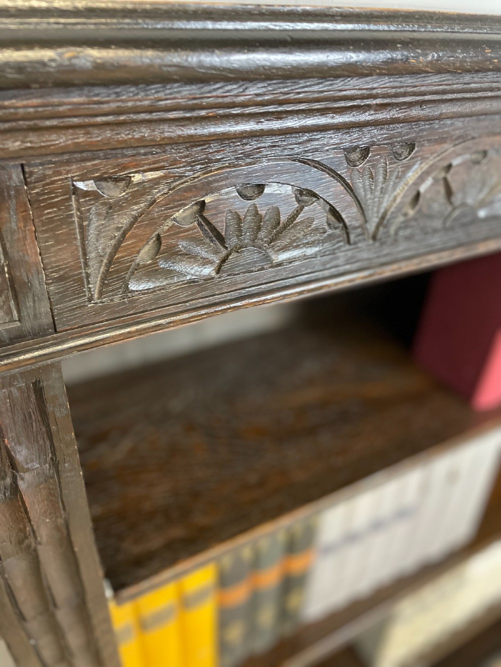 Edwardian carved oak open bookshelves  View V
