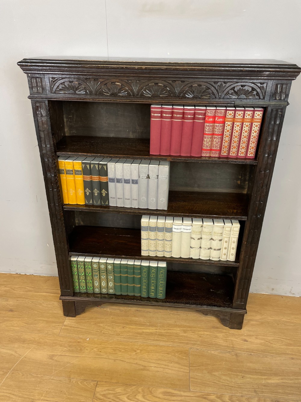 Edwardian carved oak open bookshelves  View VI
